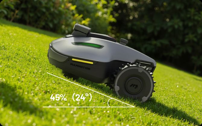 How MAMMOTION’s Tri-Fusion System Changes Robotic Mowing at IFA 2025 1 YUKA mini vision 45 Slope Capability