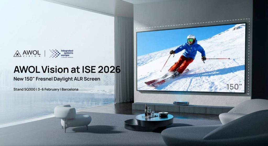 ISE 2026 Press Release 150in UST screen with Aetherion projector banner