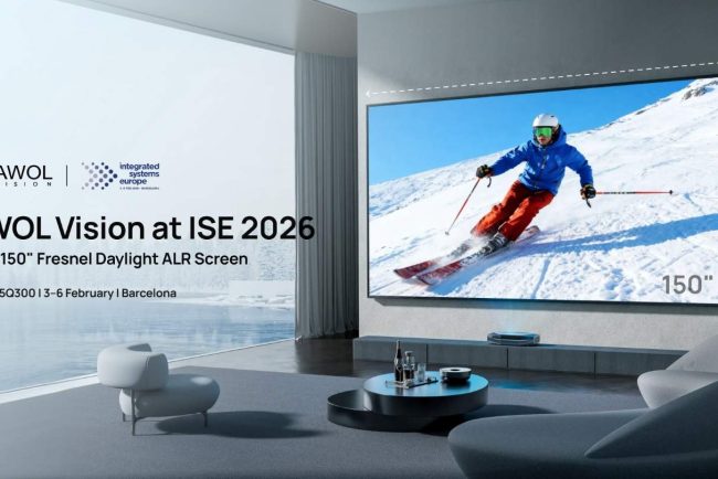 ISE 2026 Press Release 150in UST screen with Aetherion projector banner